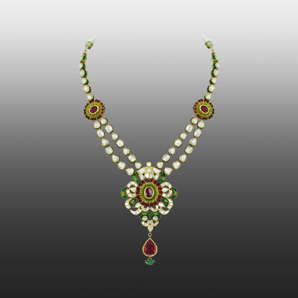 Double-String Polki Necklace with Enamel Flowers and Rhodolite